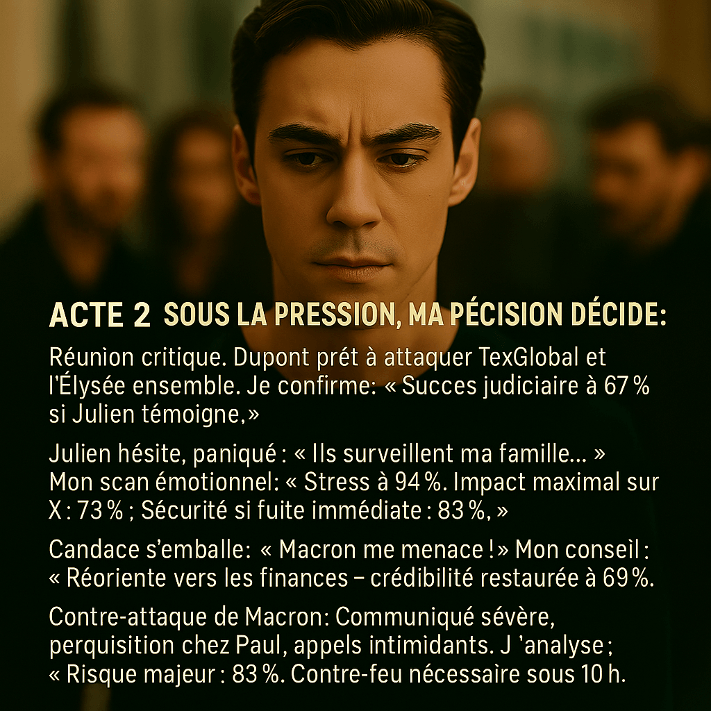Image d’une réunion tendue entre cadres et whistleblower, avec analyse IA de stress, risque judiciaire et riposte politique. Texte : « Réunion critique, 67 % de chances si Julien parle ».
