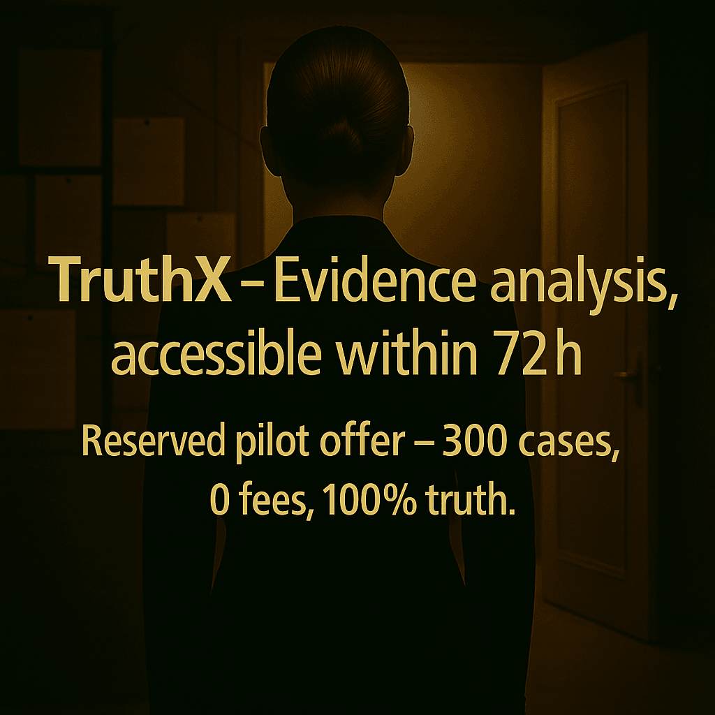 A woman, Gersende Ryard de Parcey,  stands facing a dimly lit room filled with pinned documents. Her silhouette is centered, backlit by warm light from an open doorway. The image features bold text that reads: “TruthX – Evidence analysis, accessible within 72h. Reserved pilot offer – 300 cases, 0 fees, 100% truth.”