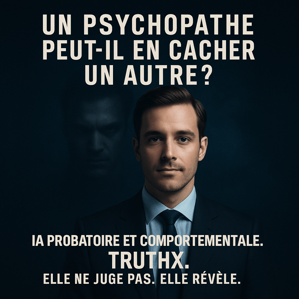 Visuel TruthX : visage d'homme divisé en deux, moitié souriante et moitié sombre, avec un électrocardiogramme en fond. Texte : 'Un psychopathe peut en cacher un autre. Non ? TruthX IA probatoire et comportementale. Elle ne juge pas. Elle révèle.'