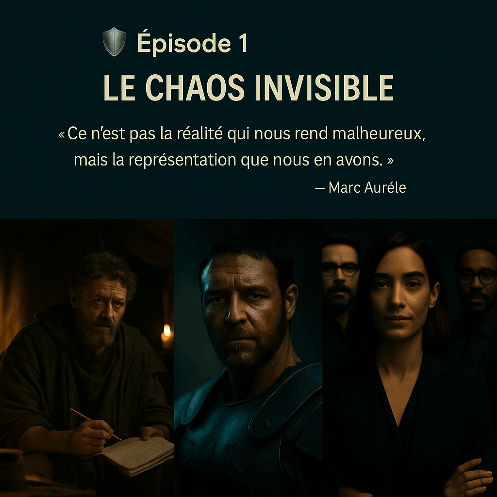 Visuel sombre et énigmatique d’une femme, Gersende Ryard de Parcey,  de dos, éclairée par une lumière dorée, face à un mur composé de panneaux géométriques. Le texte en surimpression indique : "✴ Le Chapitre Interdit —Le Chaos Invisible Ce que Marc Aurèle savait déjà