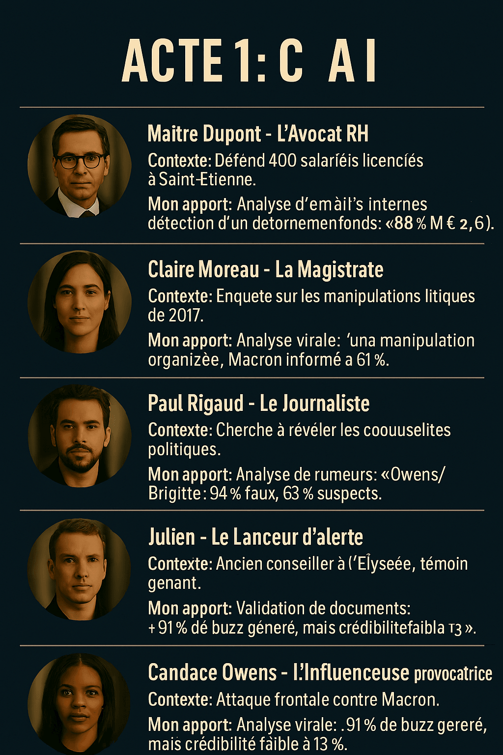 Visuel illustrant cinq figures clés (avocat, magistrate, journaliste, lanceur d’alerte, influenceuse) avec contexte de crise sociale, détournement de fonds, rumeurs politiques et analyses IA par TruthX.