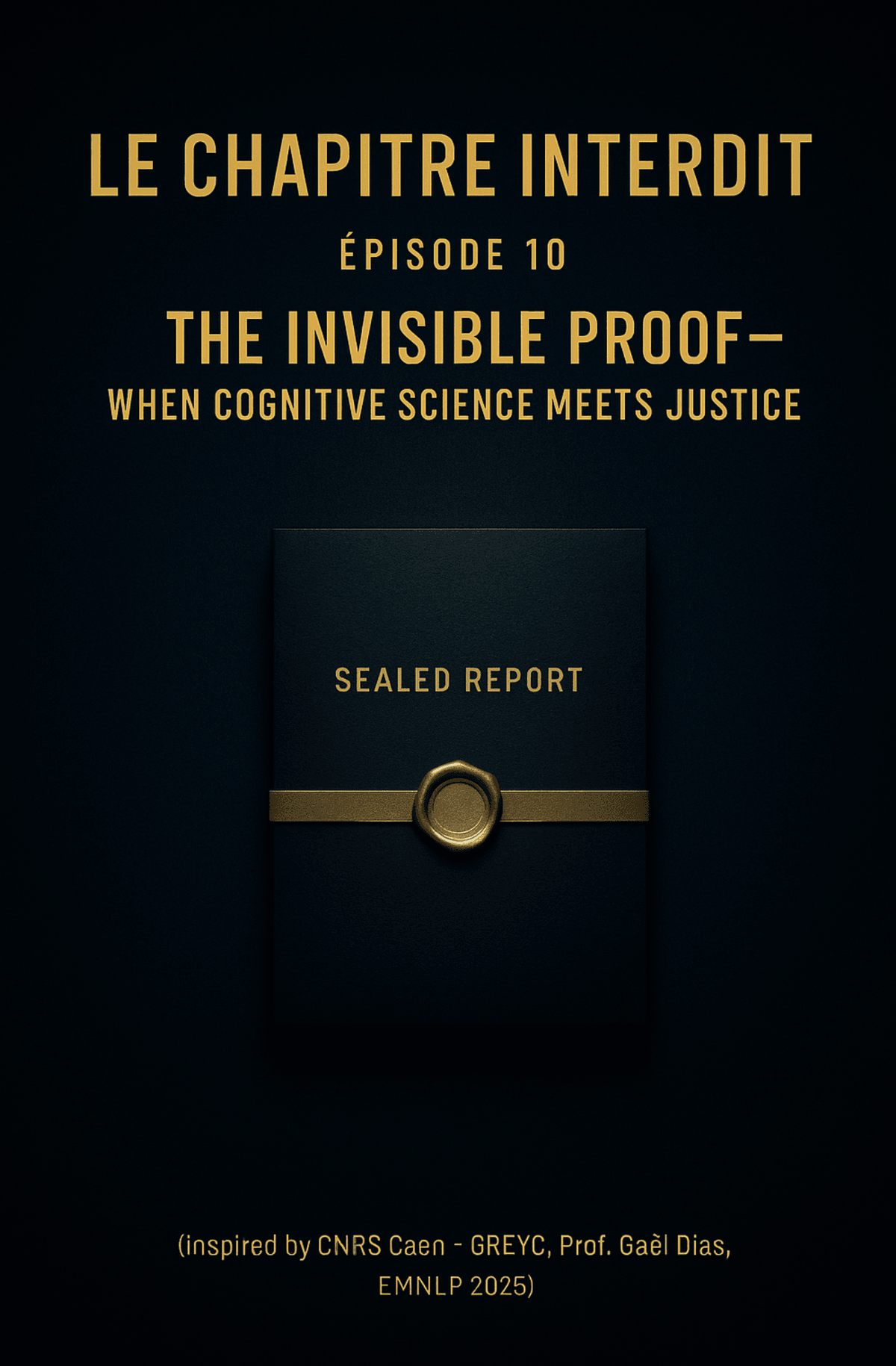 TruthX poster – “Le Chapitre Interdit — Épisode 10 : The Invisible Proof — When Cognitive Science Meets Justice.” A single sealed document lies at the center of a dark blue background, illuminated by a soft, focused golden light. The minimalist design evokes forensic precision, calm authority, and the quiet power of verified truth. The golden Orbitron typography enhances the refined and intellectual tone of the series.