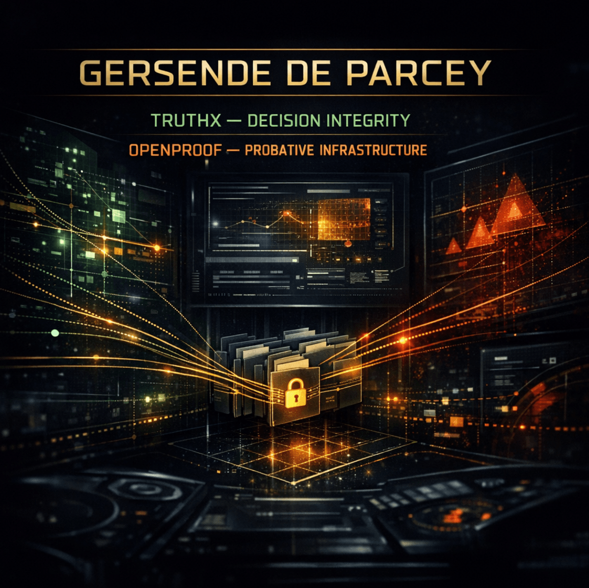 alt="GERSENDE DE PARCEY — TRUTHX decision integrity engine and OPENPROOF probative infrastructure. Dark cinematic forensic cockpit showing structured behavioral signals transforming into traceable evidence, with data flows, governance geometry, and secured evidential bundles."