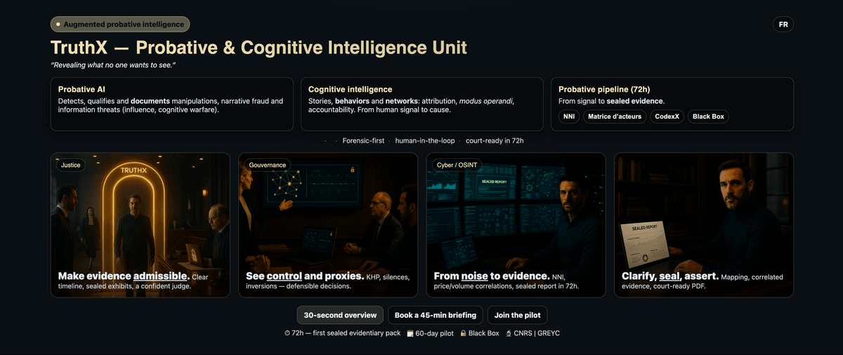 tableau des Détections et qualifications des signaux faibles dans les récits sensibles Découvrez le cœur analytique de TruthX : une IA souveraine qui révèle contrôle coercitif, biais narratifs et dissimulation dans tout contenu écrit.