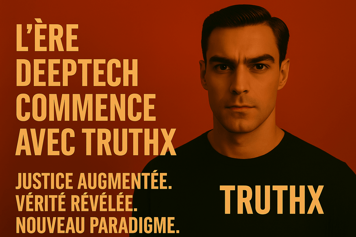 Image promotionnelle de TruthX avec le texte : 'L'ÈRE DEEPTECH COMMENCE AVEC TRUTHX. JUSTICE AUGMENTÉE. VÉRITÉ RÉVÉLÉE. NOUVEAU PARADIGME.' sur un fond rouge sombre, illustrant une révolution technologique dans la justice.