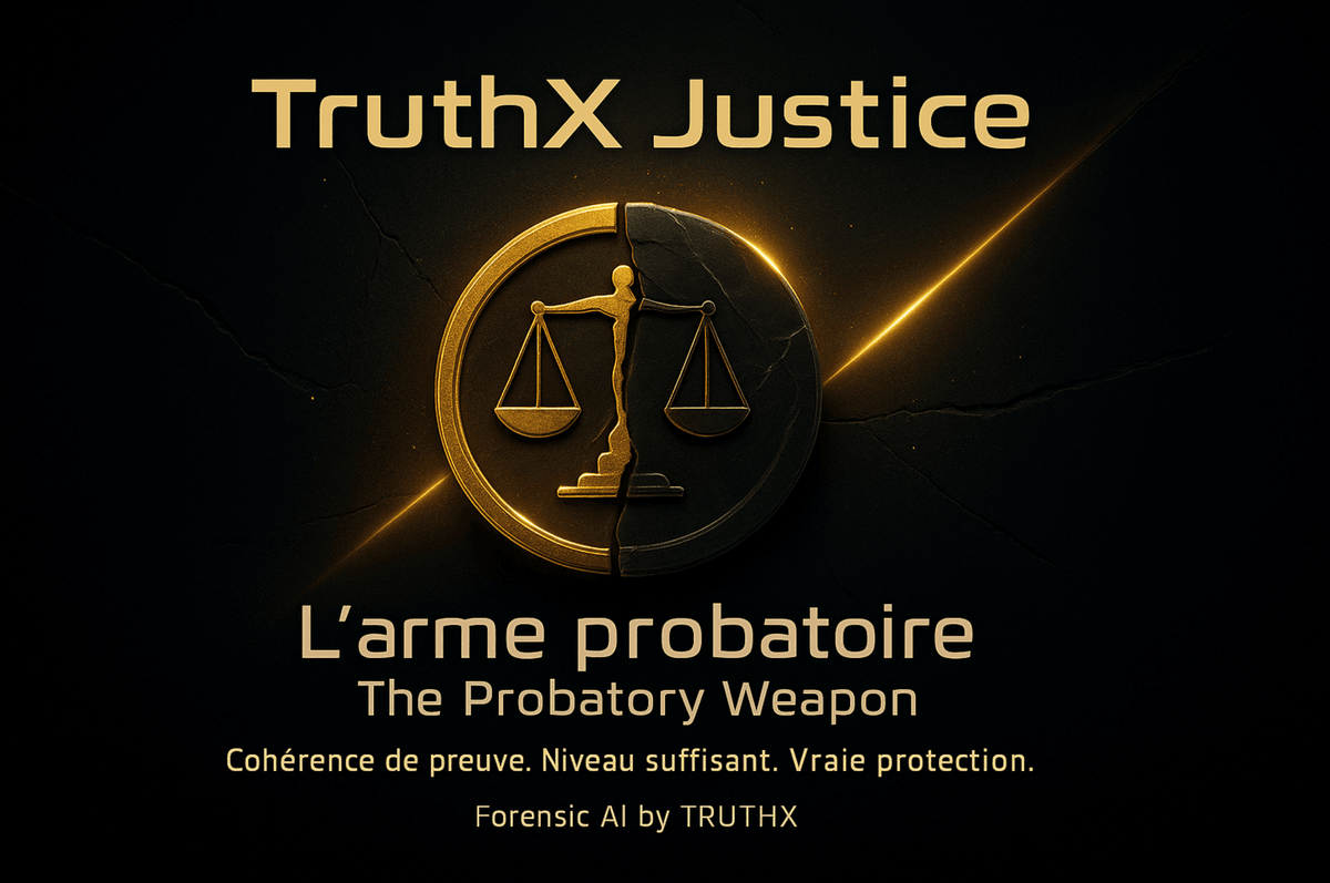 Visuel sombre et élégant représentant le logo doré d’une balance de justice, fissurée en son centre, entourée d’un cercle lumineux. En haut, le titre TruthX Justice. En bas, l’accroche en français L’arme probatoire et en anglais The Probatory Weapon. Sous-titre : Cohérence de preuve. Niveau suffisant. Vraie protection. Signature : Forensic AI by TRUTHX.