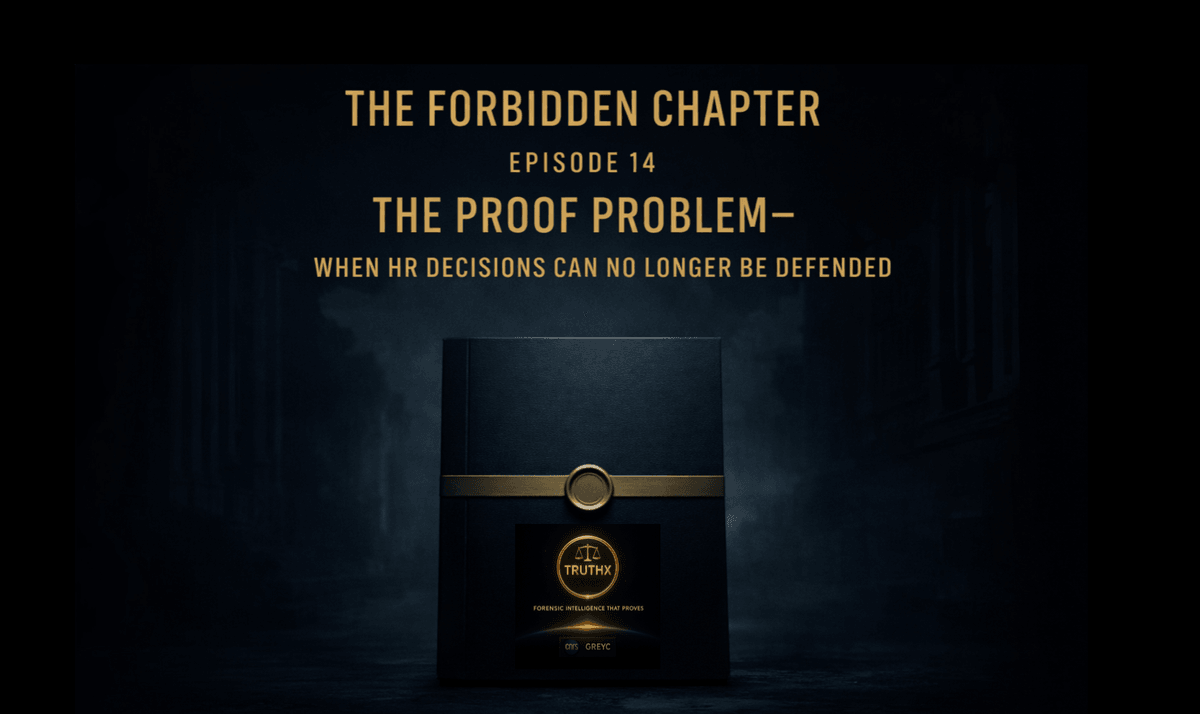 Editorial cover for The Forbidden Chapter, Episode 14, depicting a sealed institutional dossier symbolizing proof, traceability, and governance in HR decision-making.