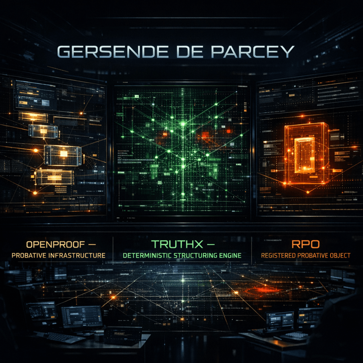 Cinematic deep-tech control environment on a dark blue-black background showing a structured forensic system. At the center, a glowing green network represents the TRUTHX deterministic structuring engine, with interconnected nodes and traceability lines. On the left, gold layered blocks symbolize OpenProof as the probative infrastructure, illustrating structured evidence stacking and integrity. On the right, an orange sealed cube represents the RPO (Registered Probative Object), highlighting final output and validation. Subtle red zones indicate areas of risk and pressure. The composition is clean, symmetrical, and high-end, with futuristic geometric typography displaying: “GERSENDE DE PARCEY”, “OPENPROOF — PROBATIVE INFRASTRUCTURE”, “TRUTHX — DETERMINISTIC STRUCTURING ENGINE”, and “RPO — REGISTERED PROBATIVE OBJECT”.