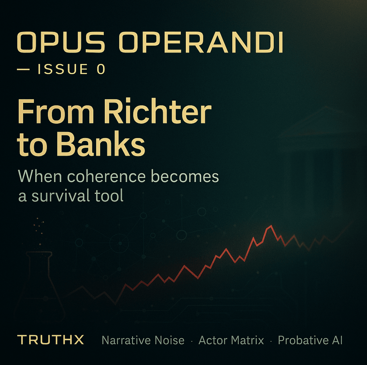 Cinematic digital key visual in a refined fintech/forensic style. Obsidian background with a subtle teal–green vignette (deep #041118 → #0d1f24) and a soft golden rim-glow. Abstract narrative data motifs: a faint red waveform zigzag blending into a market line, translucent network nodes and thin circuit traces, a minimal bank colonnade silhouette on the right fading into mist, and on the left a tasteful lab-timer/beaker echo (Richter reference) dissolved into particles — no animals. Atmosphere = precise, elegant, high-trust. Lighting low-key with premium glossy micro-grain. Leave clean negative space for typography in the upper-left and center-left.