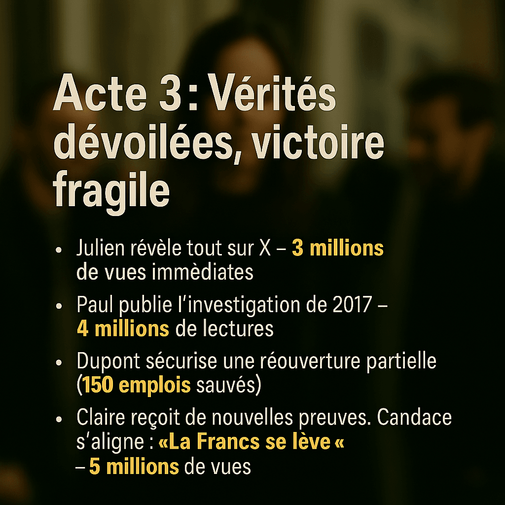 Visuel d’impact illustrant un leak sur X, victoire partielle en justice, et révélation d’une manipulation politique. Texte : « Julien fuit, Dupont gagne, la vérité émerge ».