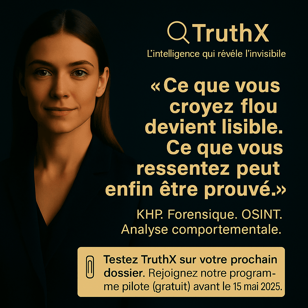 Gersende Ryard de Parcey, Femme professionnelle sérieuse avec message promotionnel de TruthX : “Ce que vous ressentez peut enfin être prouvé.” Programme pilote IA forensique, KHP, OSINT, analyse comportementale.