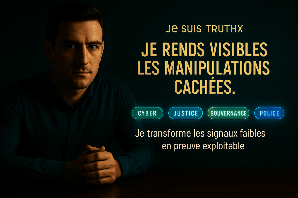 Portrait professionnel d’un homme en chemise sombre, regard franc vers l’utilisateur, accompagné d’un slogan : « Je rends visibles les manipulations cachées. » Des pastilles lumineuses futuristes (Cyber, Justice, Gouvernance, Police) mettent en valeur les domaines d’action de TruthX, avec la promesse : « Je transforme les signaux faibles en preuve exploitable. »