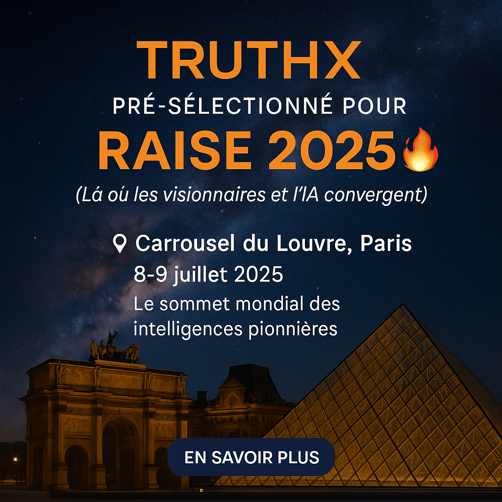 truthx-selection-raise2025-carrousel-louvre.jpg TruthX sélectionné pour RAISE 2025 au Carrousel du Louvre — visuel officiel mettant en lumière l’IA probatoire française dans un univers galactique et élégant.