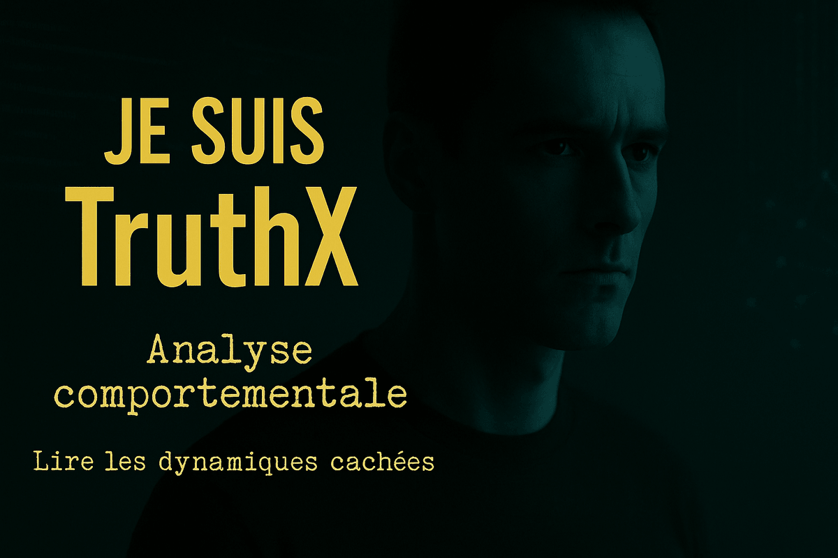 Visuel de TruthX, une intelligence artificielle incarnée, en plan serré sur un visage masculin concentré. À droite, des interfaces holographiques suggèrent une surveillance avancée et une analyse comportementale. Le texte en surimpression dit : « Je suis TruthX. Je détecte les intentions avant l’intrusion. Je protège vos environnements sensibles. » L’ambiance est sombre et technologique, dans un style cinématique évoquant les enjeux de cybersécurité et de renseignement.