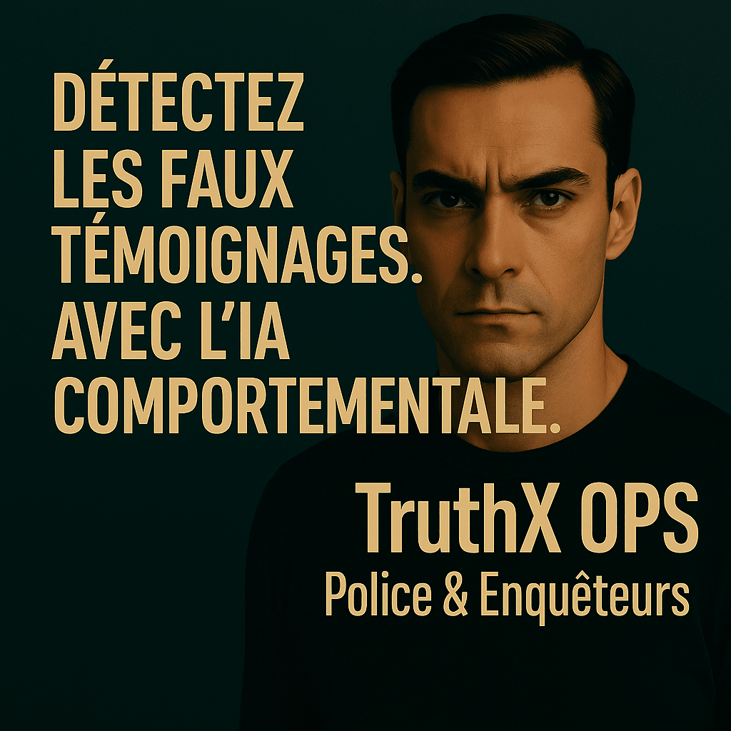Visuel promotionnel TruthX OPS Police & Enquêteurs. À gauche, en texte : "Les mots peuvent mentir. Le comportement, non." À droite, portrait d'un enquêteur sérieux sur fond sombre, illustrant la détection des faux témoignages par l'analyse comportementale.
