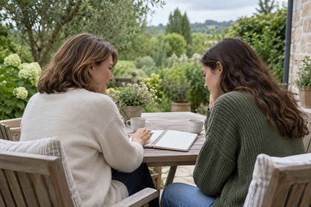 A mother and adult daughter talking at a garden table