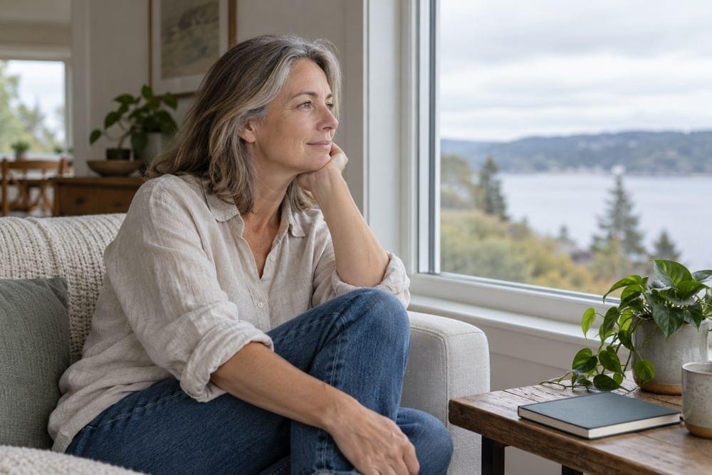 A woman looking thoughtfully out of a window