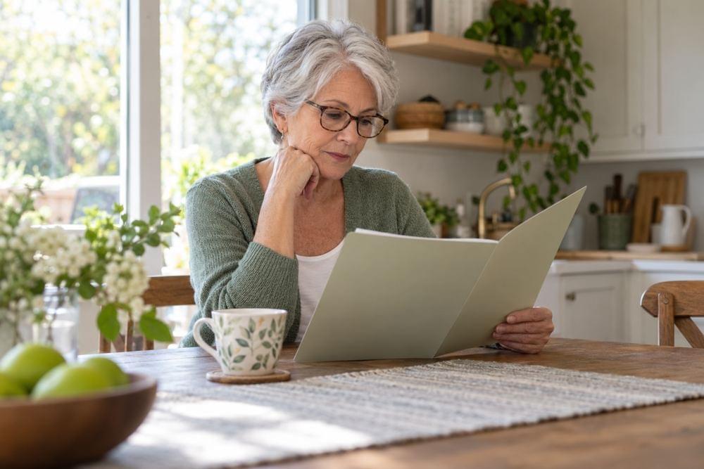 A retired woman reviewing information at home