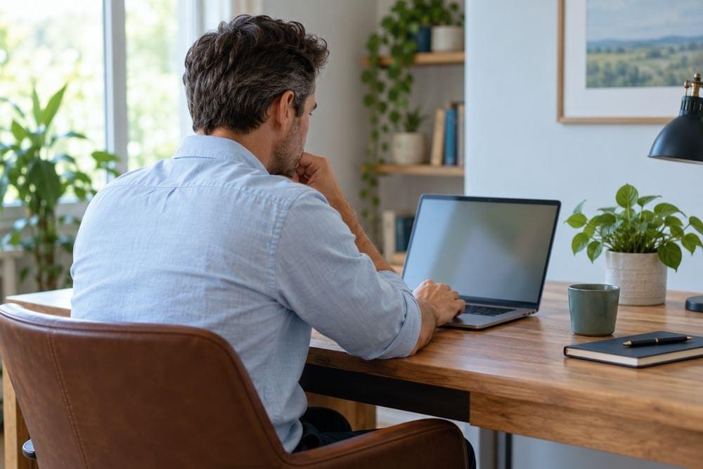 A professional reviewing a laptop in a home office