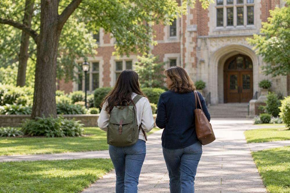 A student and parent visiting a college campus