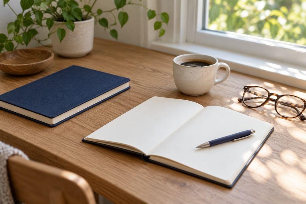 A notebook, pen, coffee, and eyeglasses on a desk