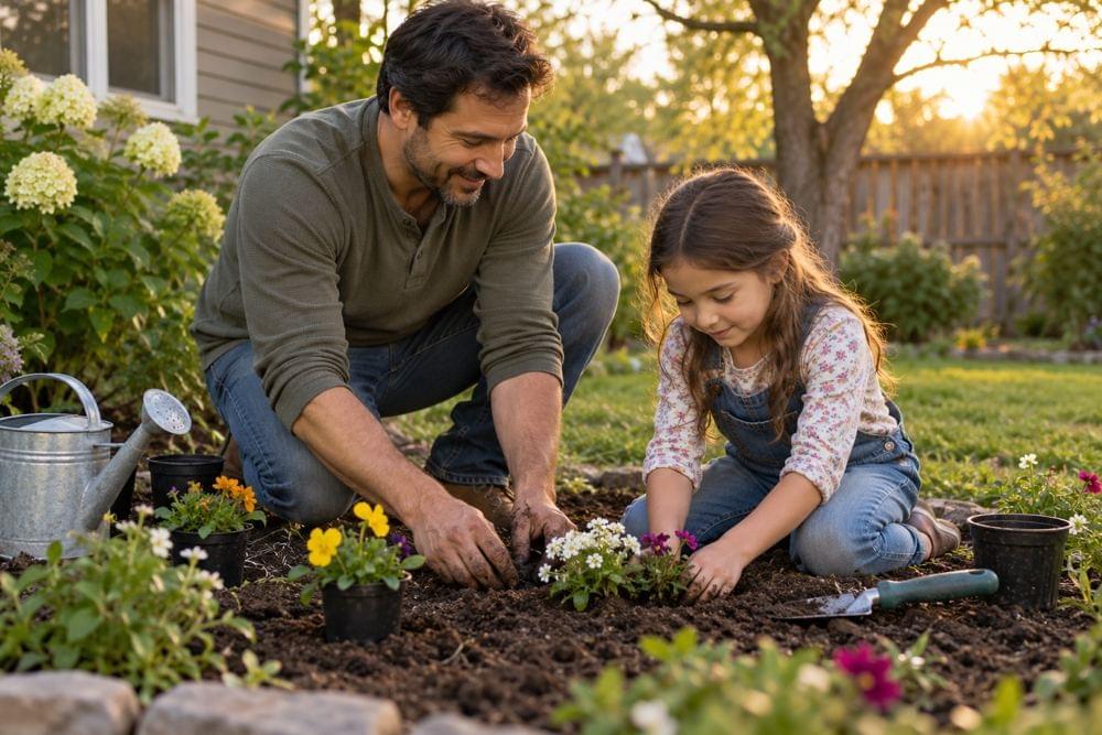 A father and child planting flowers together