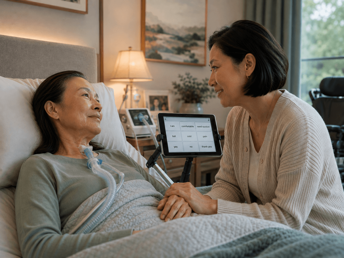 A woman with advanced ALS using respiratory and communication support while sharing a reassuring moment with a loved one.