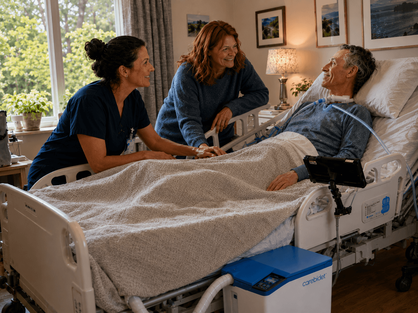 A person with advanced ALS resting in bed with family and a caregiver, with Carebidet visible beside the bed.