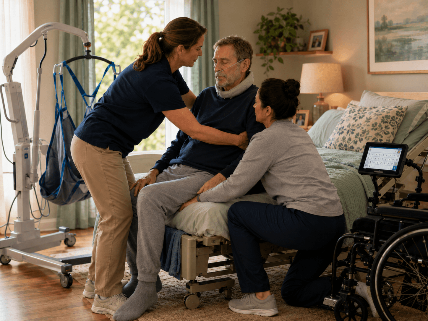 Two caregivers assisting a man with advanced ALS during a transfer from an adjustable bed, with mobility equipment nearby.