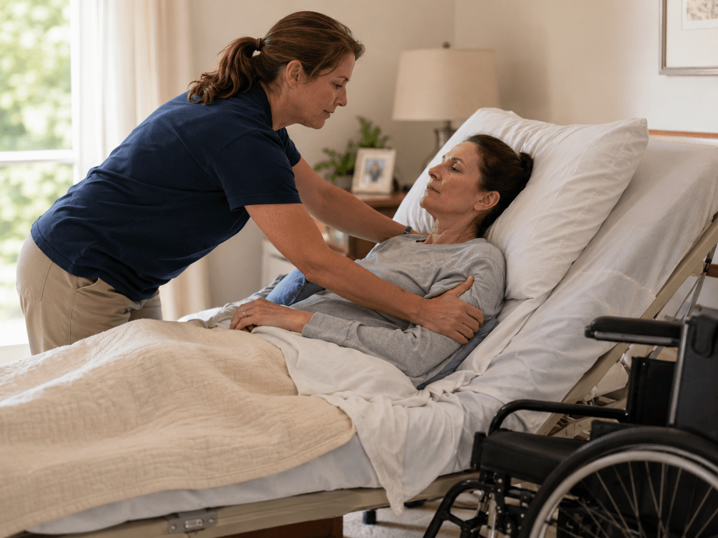 A caregiver gently helping reposition a woman with advanced ALS in an adjustable bed.