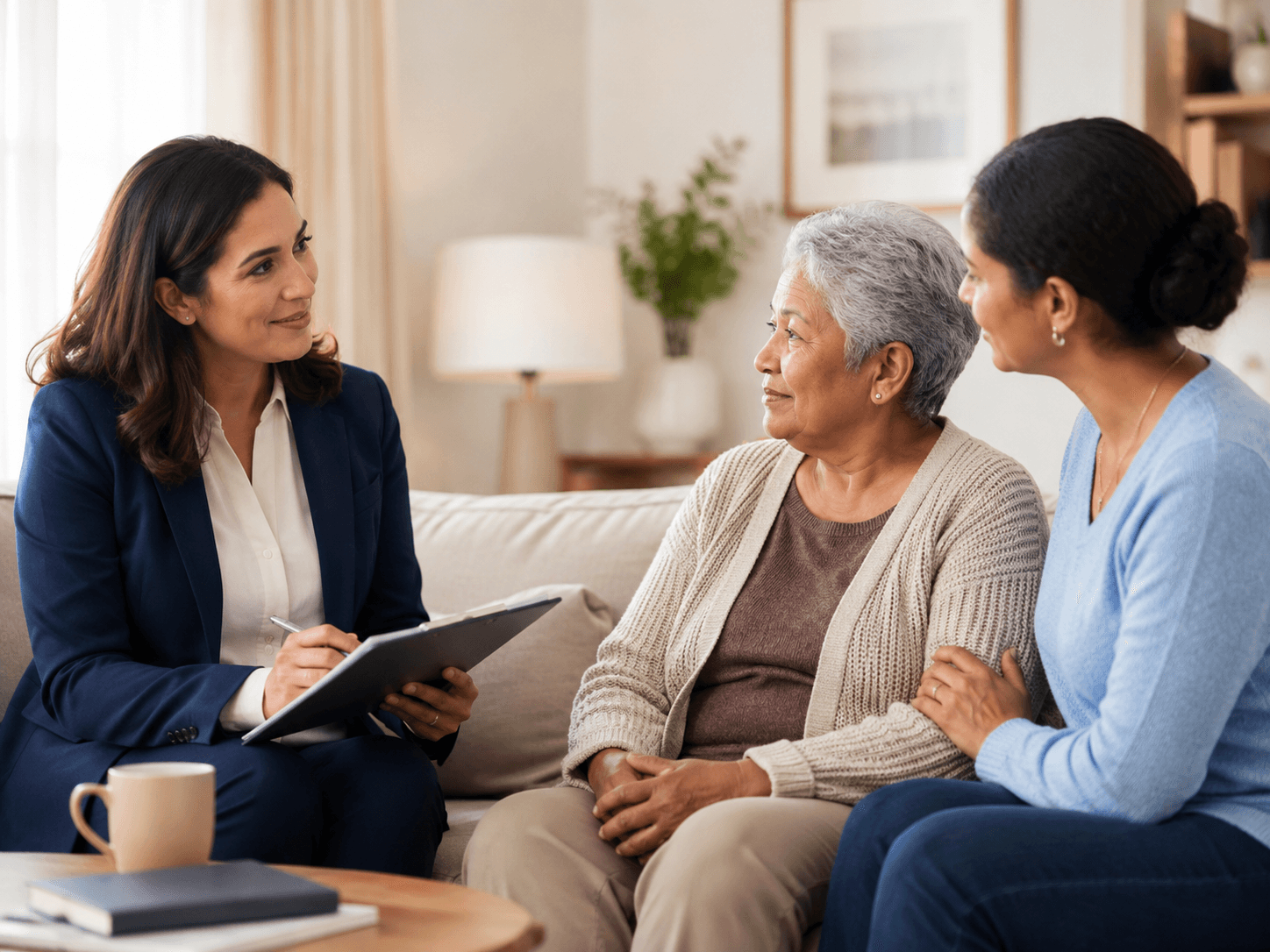 Case manager meeting with an older adult and family caregiver