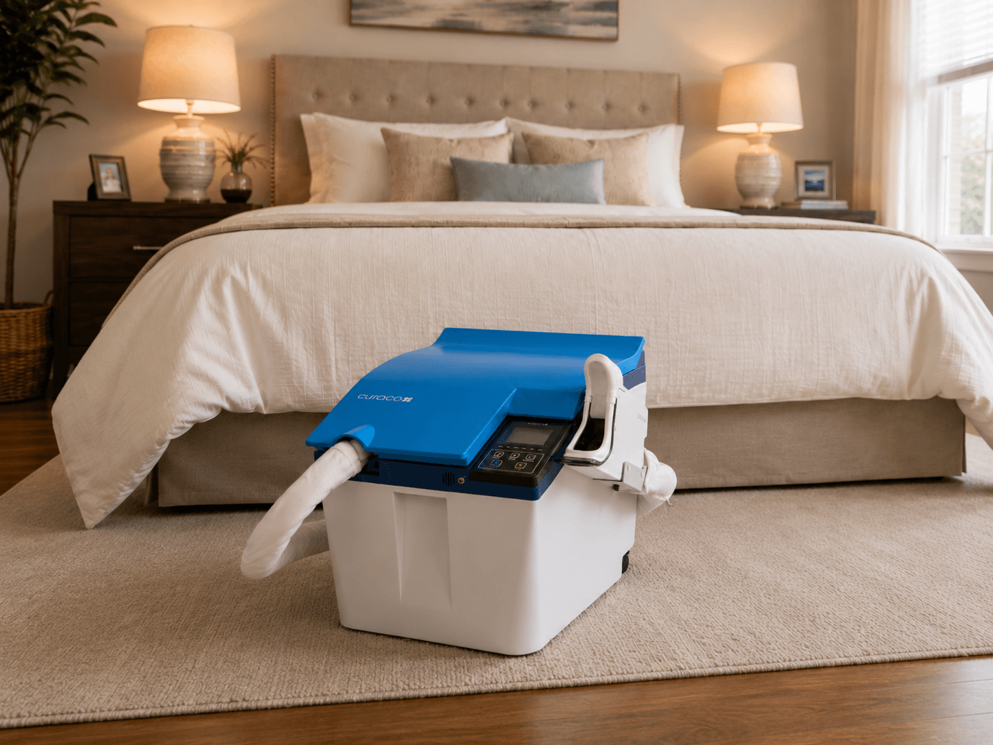 Carebidet positioned at the foot of a bed in a bedroom