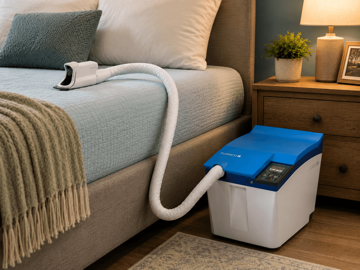 Carebidet positioned beside a clean, warm home bedroom with its interface resting discreetly on the bed.