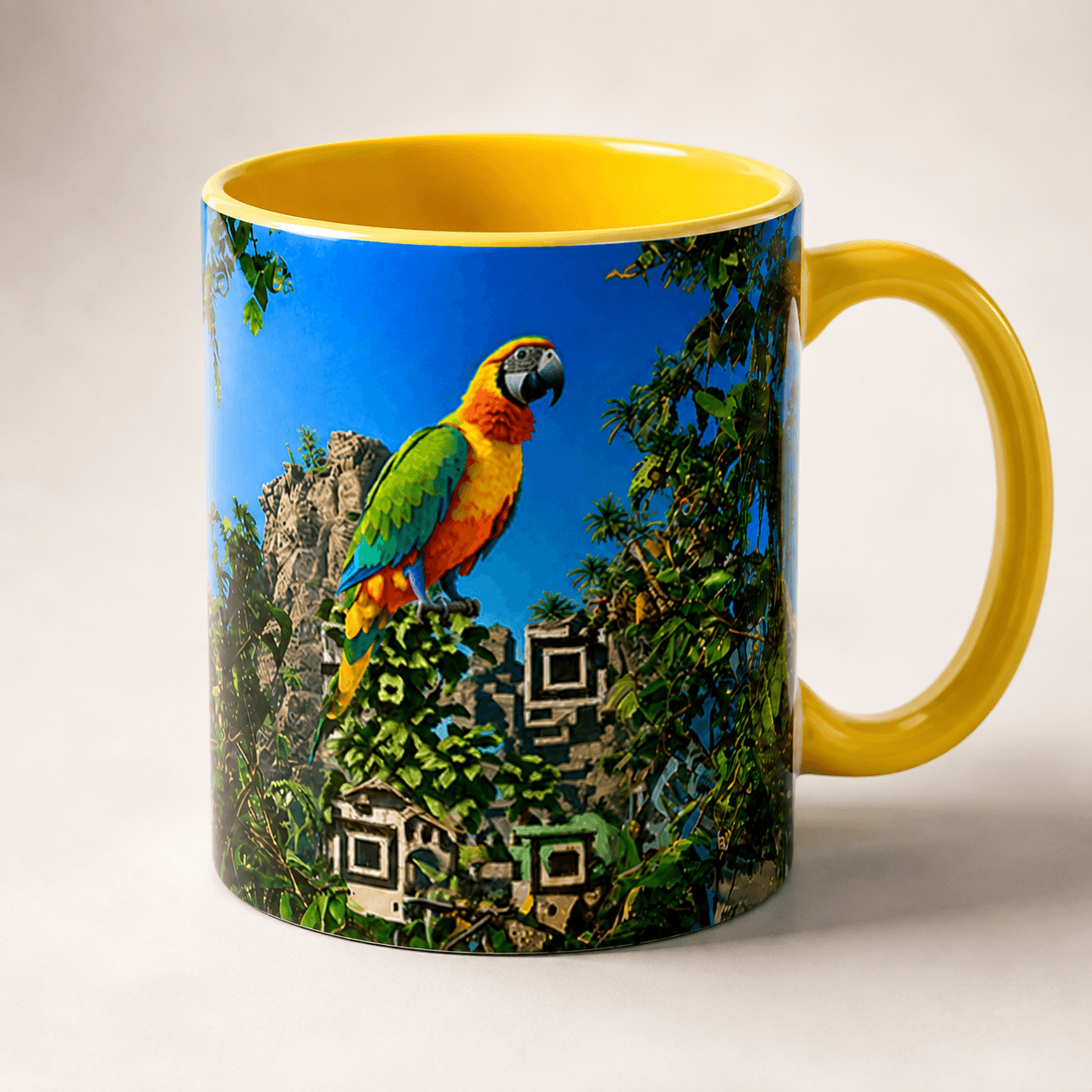 Close-up of the physical Mug Alive ceramic mug with tropical parrot artwork