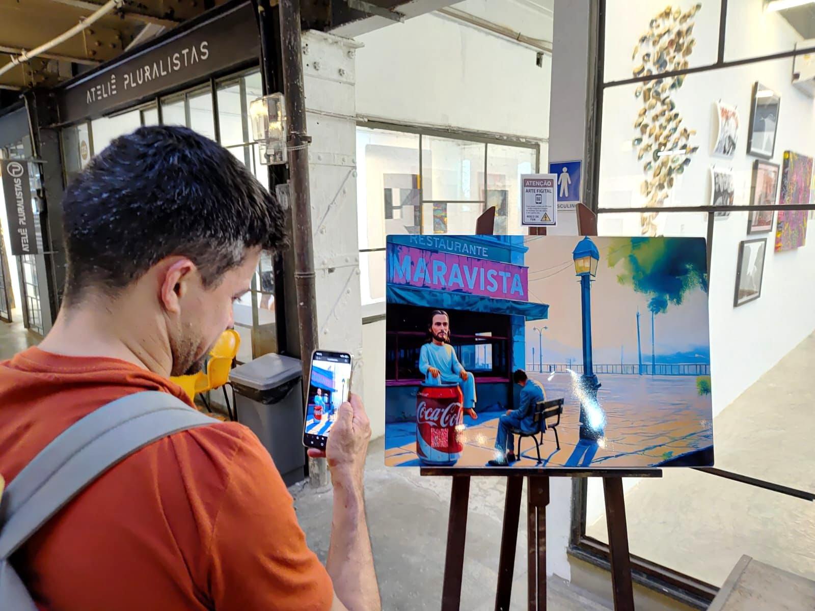 Exhibition interaction showing a Patrick Osinski phygital artwork being activated in public space