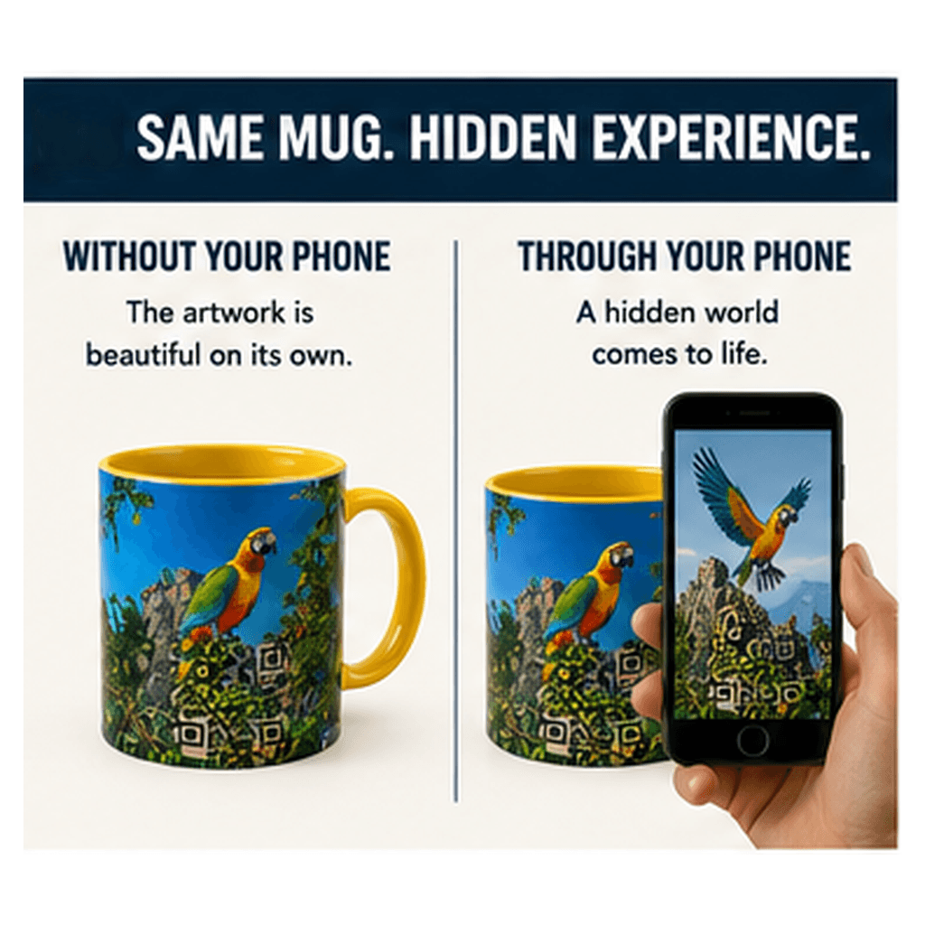 A regular coffee mug compared with the same mug revealing a hidden digital experience through a smartphone