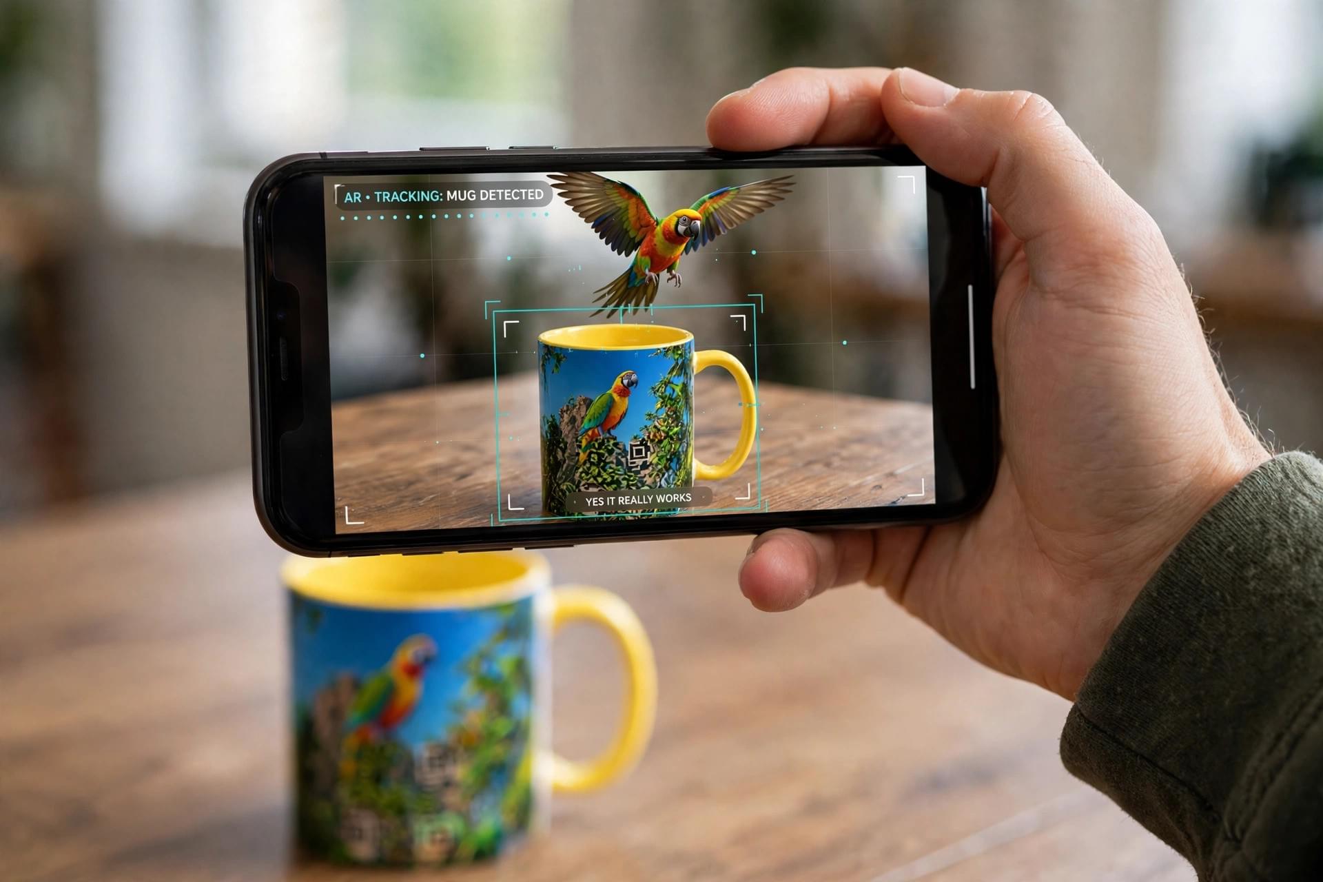 A smartphone revealing the animated parrot hidden inside the Mug Alive mug artwork