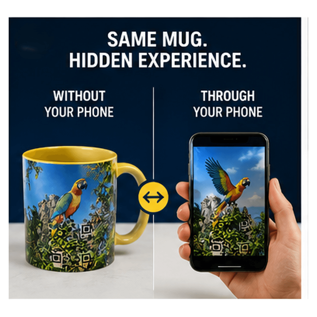 Same Mug Alive mug shown normally and through a smartphone with its hidden experience