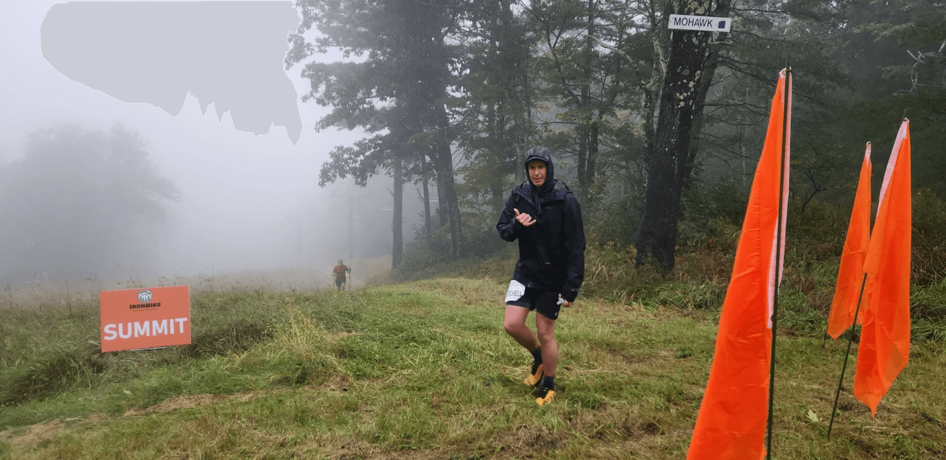 IronHike Mountain Athlete reaching the summit in the fog, Mohawk Mountain Cornwall CT