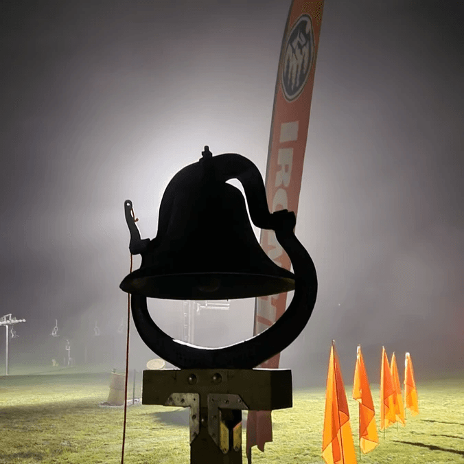 The IronHike bell lit up in the night fog, Mohawk Mountain Cornwall CT
