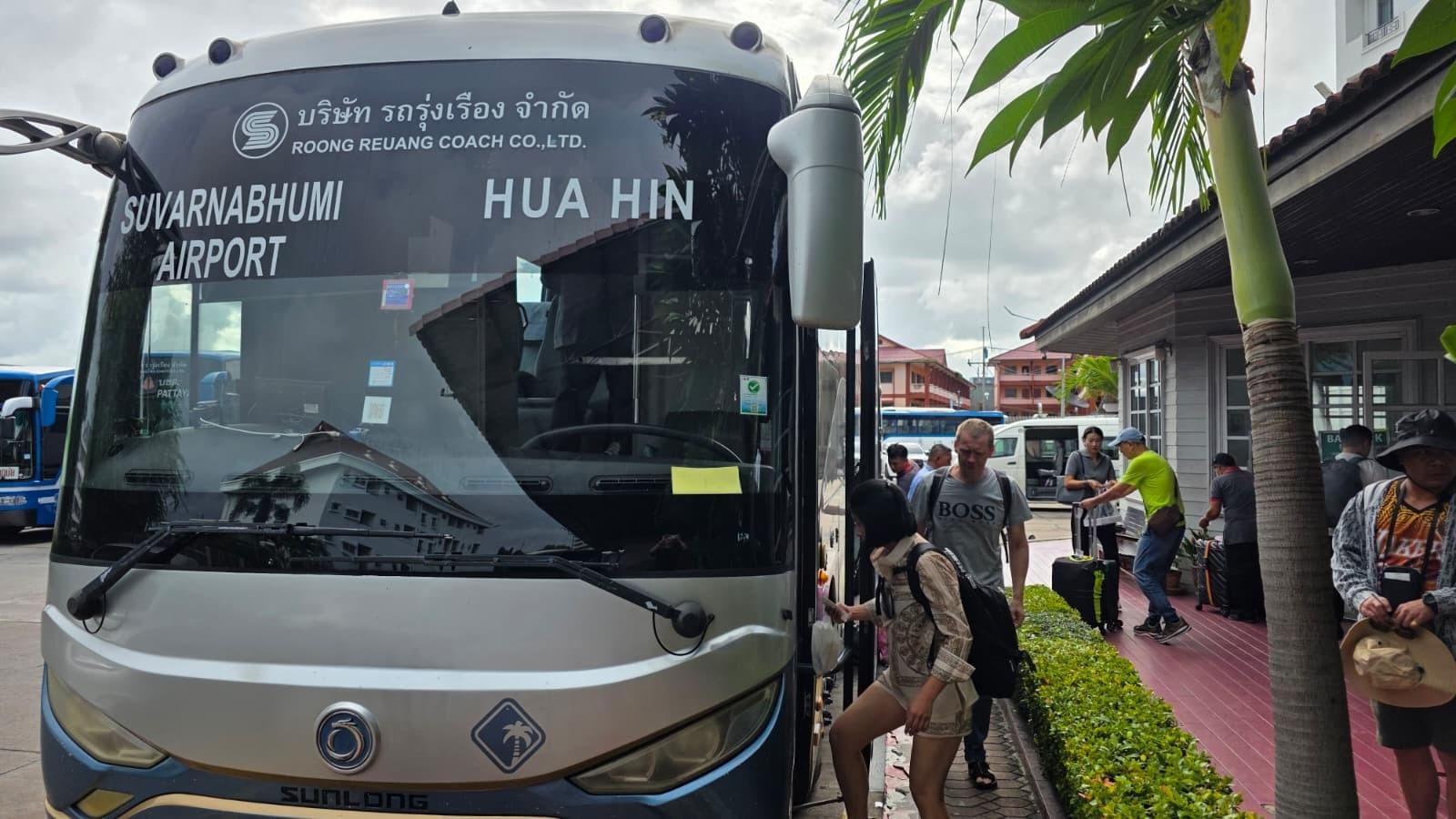 Passengers Boarding Crowded Public Bus from Pattaya to Bangkok