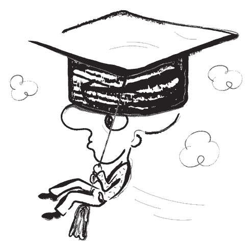 Absurdist doodle of a man wearing an enormous square academic cap. He is sitting on the tassel as he appear to float away amongst three clouds. Absurdist doodle of a man wearing an enormous square academic cap. He is sitting on the tassel as he appear to float away amongst three clouds.
