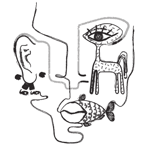Absurdist doodle of a woman’s face as a single line drawing. Her lips turn into a fish on the right. Her right eye turns into the head of a giraffe. Her left ear has legs and hands. Absurdist doodle of a woman’s face as a single line drawing. Her lips turn into a fish on the right. Her right eye turns into the head of a giraffe. Her left ear has legs and hands.