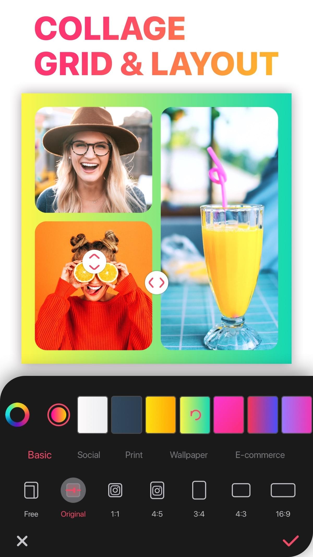 Grid layout editor with photo frames and background colour options