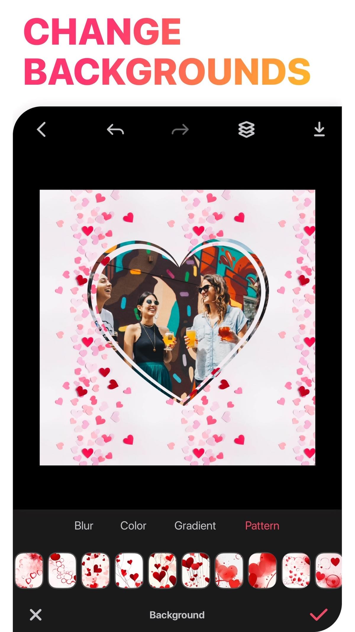 Collage with a heart frame and a patterned background