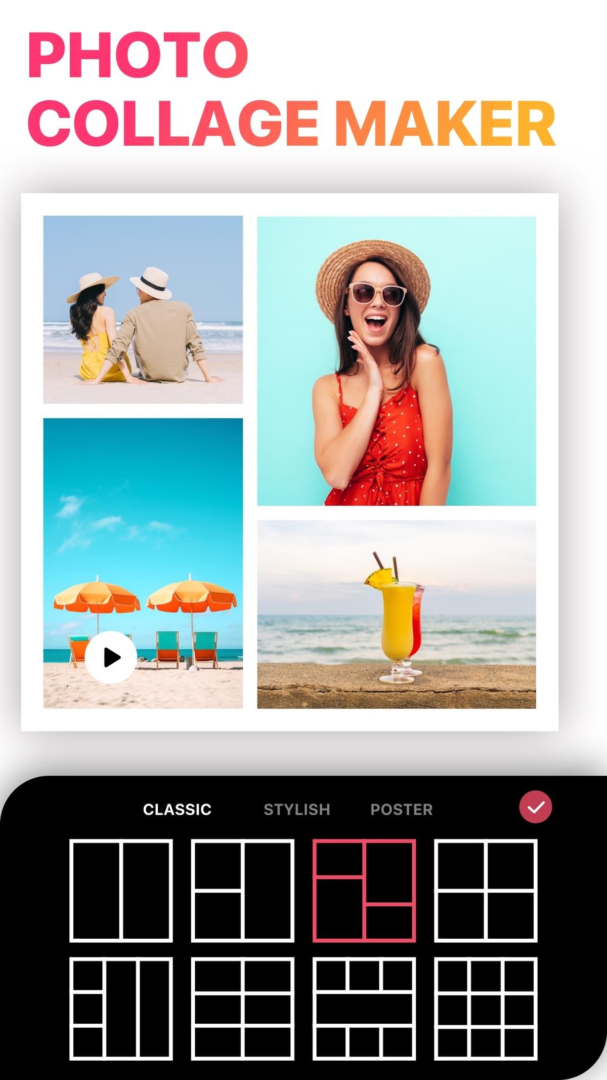 LiveCollage on iPhone showing a four-photo grid collage and the layout picker