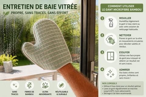 Gant de nettoyage microfibre Bambou utilisé sur une baie vitrée