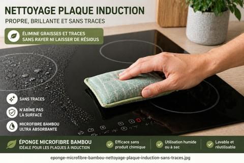 Éponge en microfibre Bambou avec face grattante près d'une plaque de cuisson