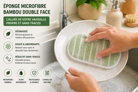 Éponge double face en microfibre Bambou utilisée pour nettoyer la vaisselle