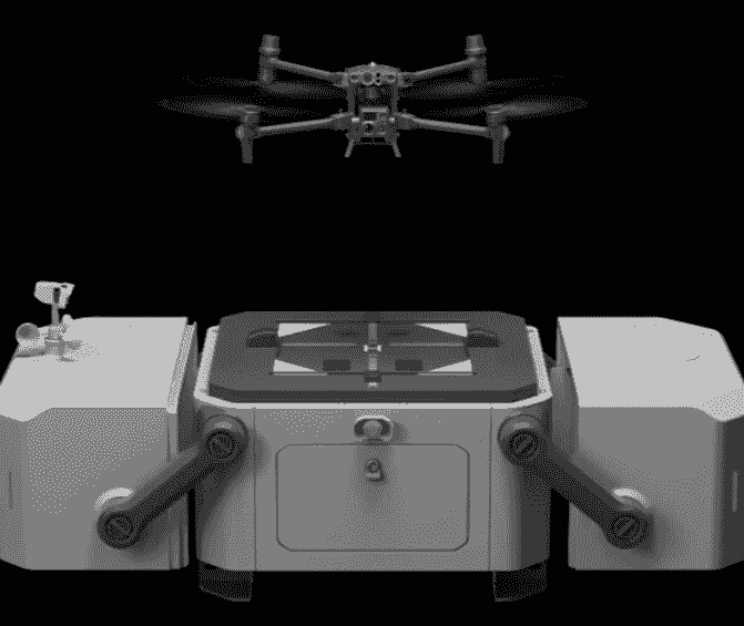 Drone equipped with a portable battery air conditioner flying over hot terrain.